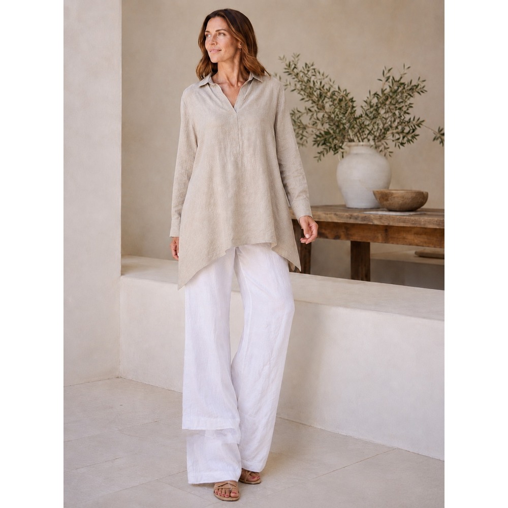 J Jill Love Linen Asymmetrical Tunic Top LS Beige Medium Lagonlook Coastal Vaca - Picture 12 of 12